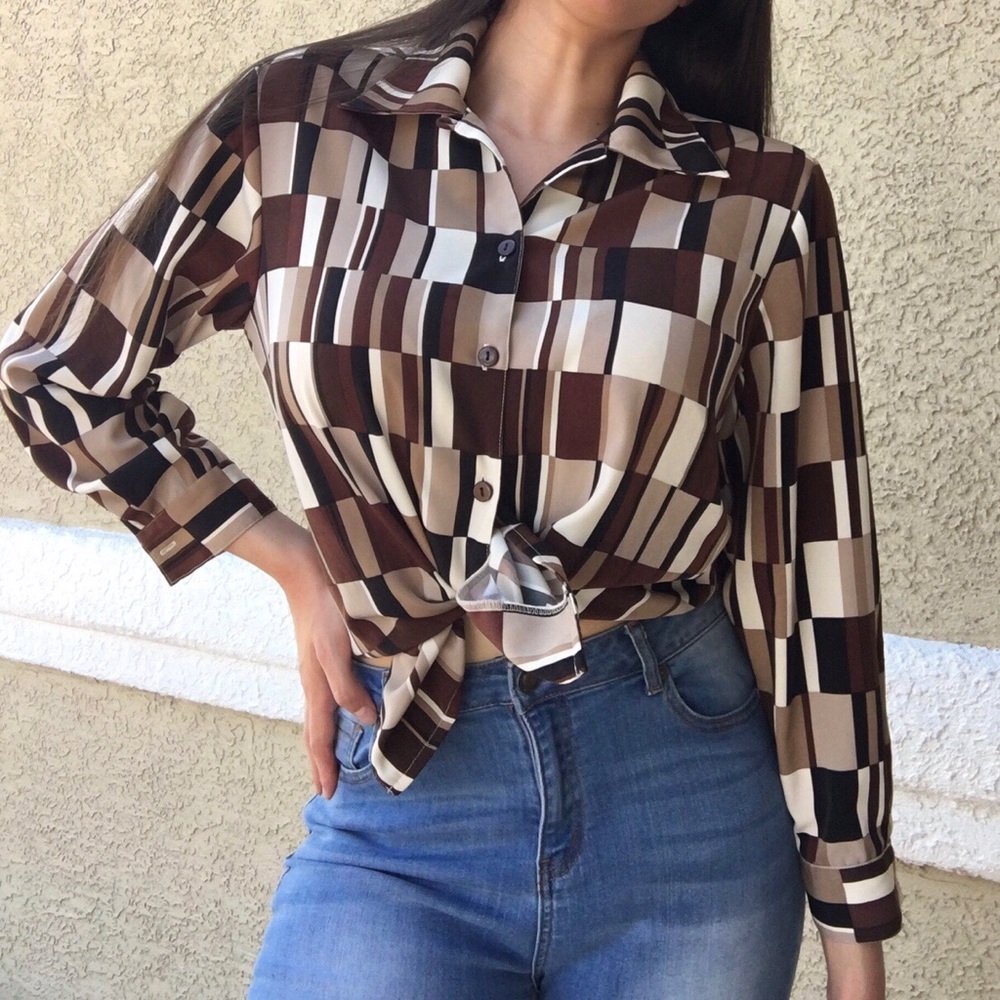 Vintage 70s brown collared button down top